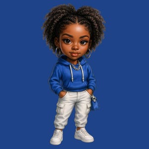 Arte de chica negra chibi: Sudadera azul con cabello natural PNG (Descarga digital)
