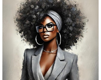 Abstract Oil Painting: African American Woman in Grey Suit (AI Art, JPEG)