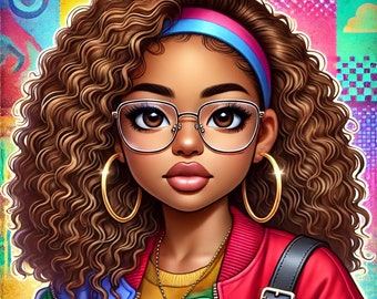 Jonge, Afro-Amerikaanse vrouw, modieuze kunst in chibi-stijl, AI-gegenereerde afbeelding, JPEG