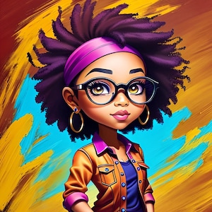 Chibi Art Print: Black Woman with Dyed Hair, Airbrushed Portrait (Digital Download)