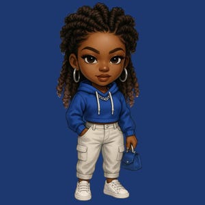 Chica negra chibi: Arte afrocéntrico, sudadera azul (descarga digital PNG)