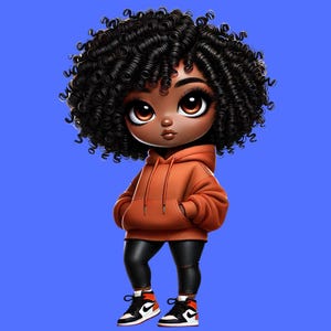 Curly Hair Chibi Girl Art: African American Kids Room Decor (PNG & JPEG)