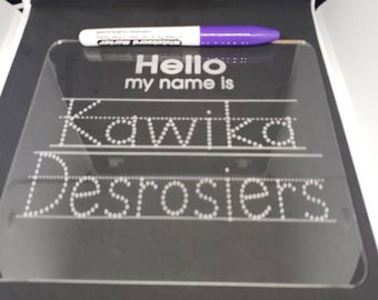 Acrlyic Name Tracing pad with dry erase pen and mini eraser. Cursive trainer, acrylic tracing pad, practice penmanship for kids