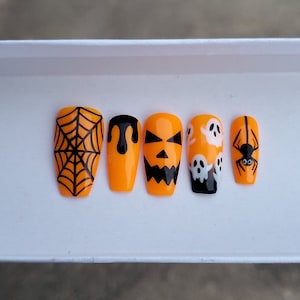 Halloween Press On Nails- Spooky Press On Nails- Orange Nails- Ghost Nails