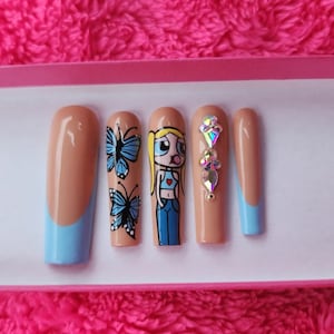 Powerpuff Girls Nails- Bubbles Press On Nails- French Tip- Press On Nails-Bling Nails- Butterfly Nails- Spring Nails