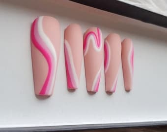 Abstract Nails- Press On Nails- Matte Nails- Pink Press On Nails- Pink Nails-Nude Nails