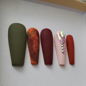 Fall Press On Nails-Matte Nails- Orange Nails- Olive Green Nails- Bling Nails