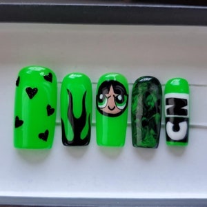 Buttercup Press On Nails- Green Nails- Black Nails- Press On Nails- Square Nails- Powerpuff Girls