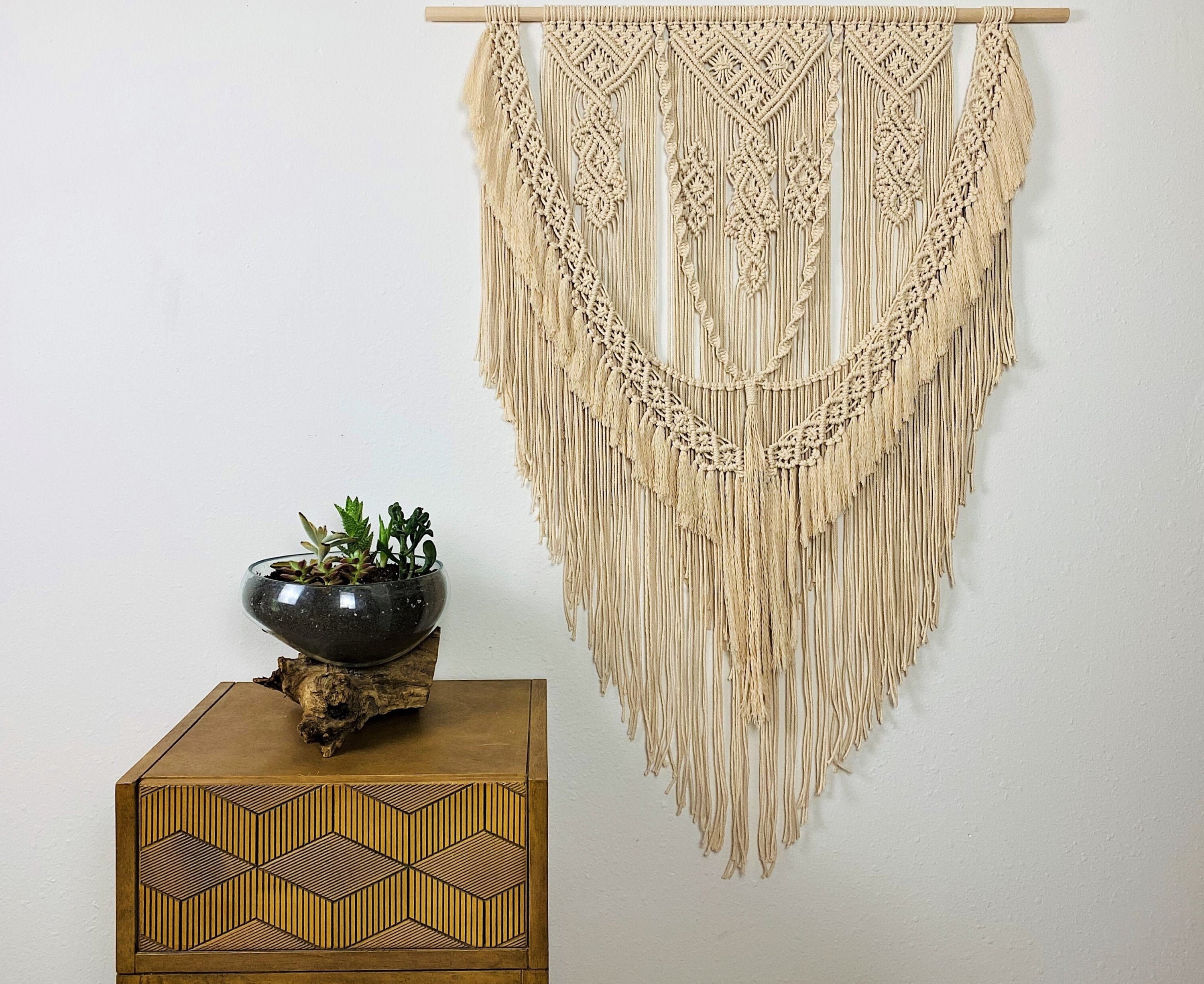 Large Macrame Wall Hanging on Wood Dowel Intricate Layered Etsy
