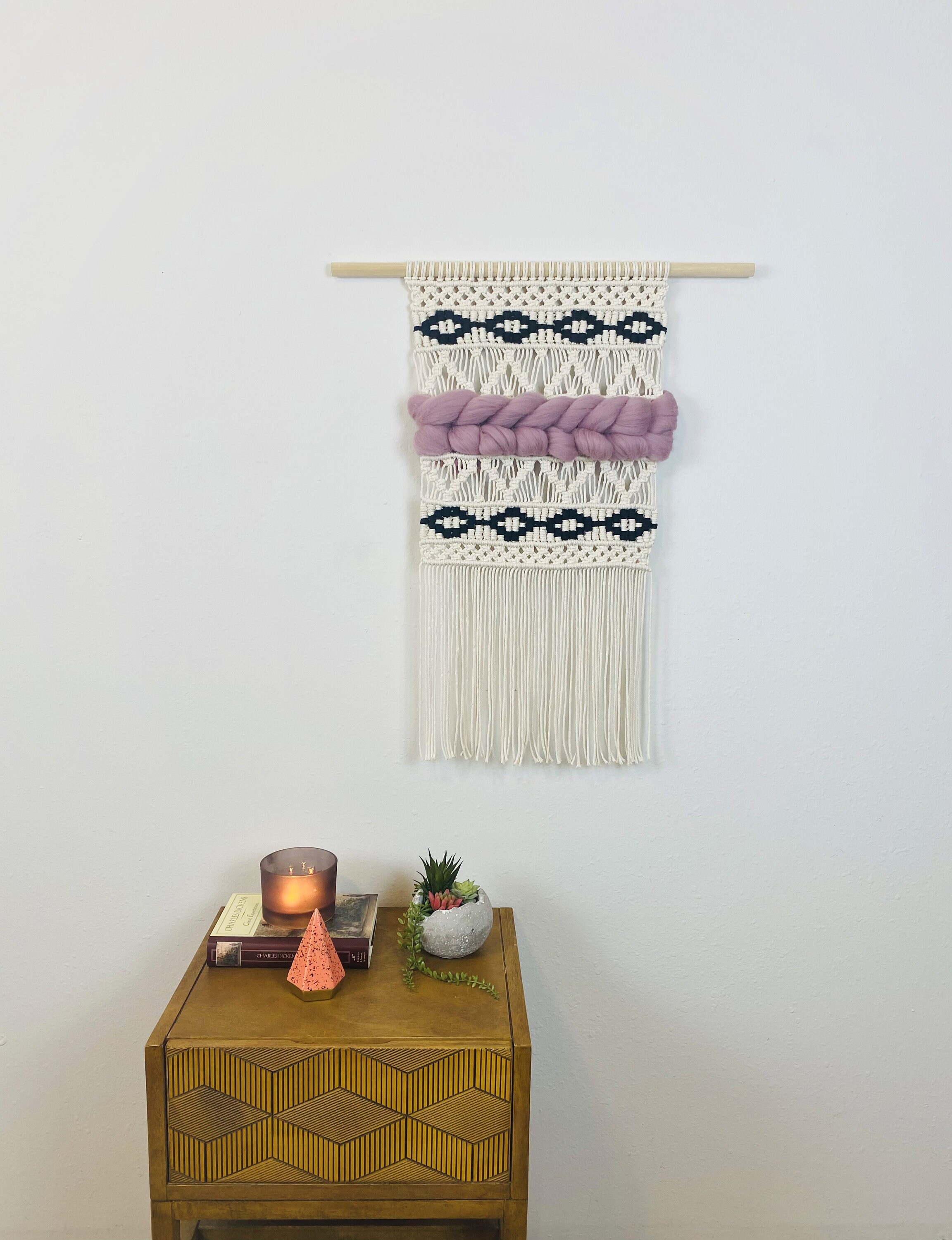 Black and White Macramé Wall Hanging With Super Chunky Purple Roving