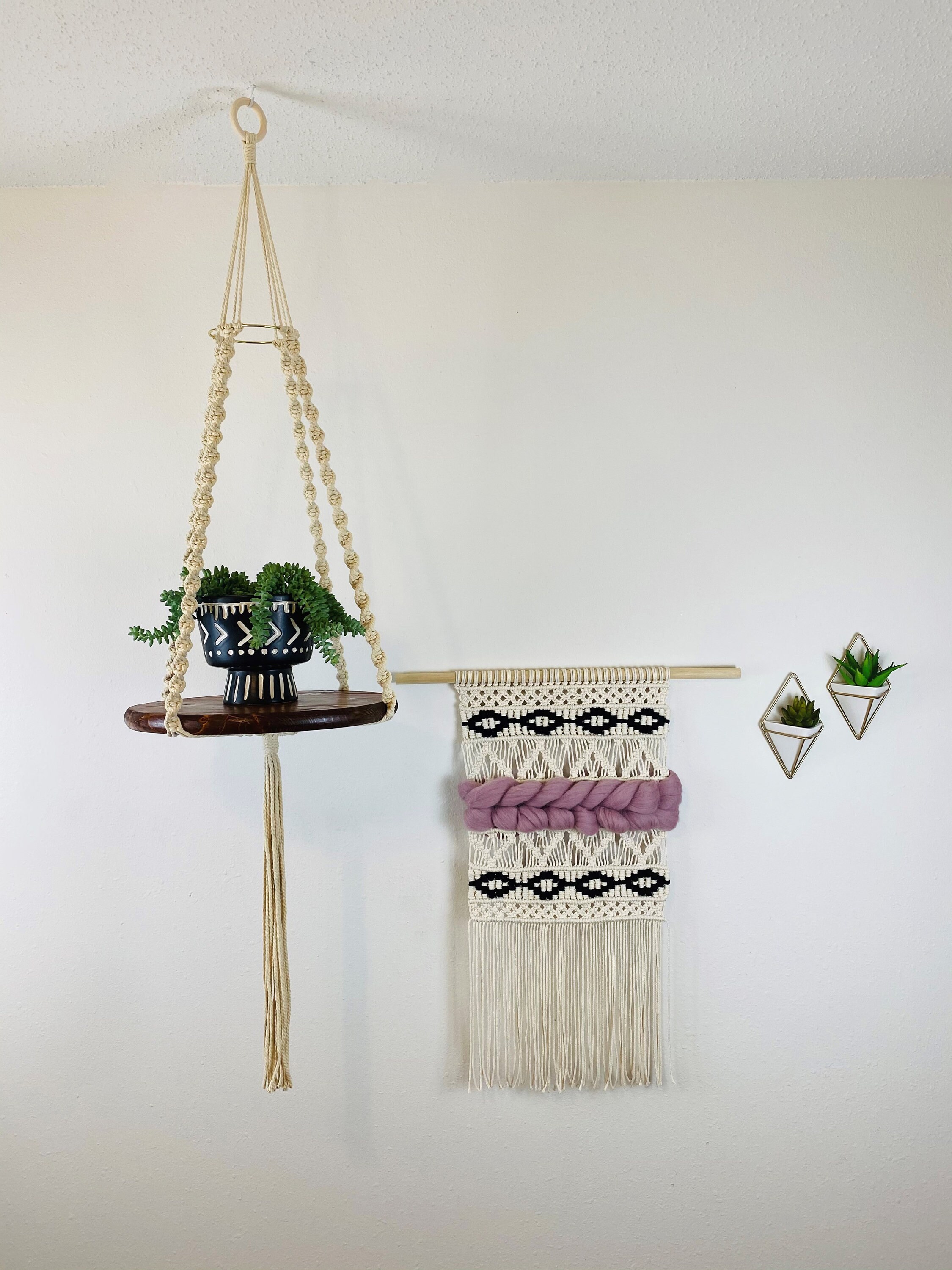 Black and White Macramé Wall Hanging With Super Chunky Purple Roving