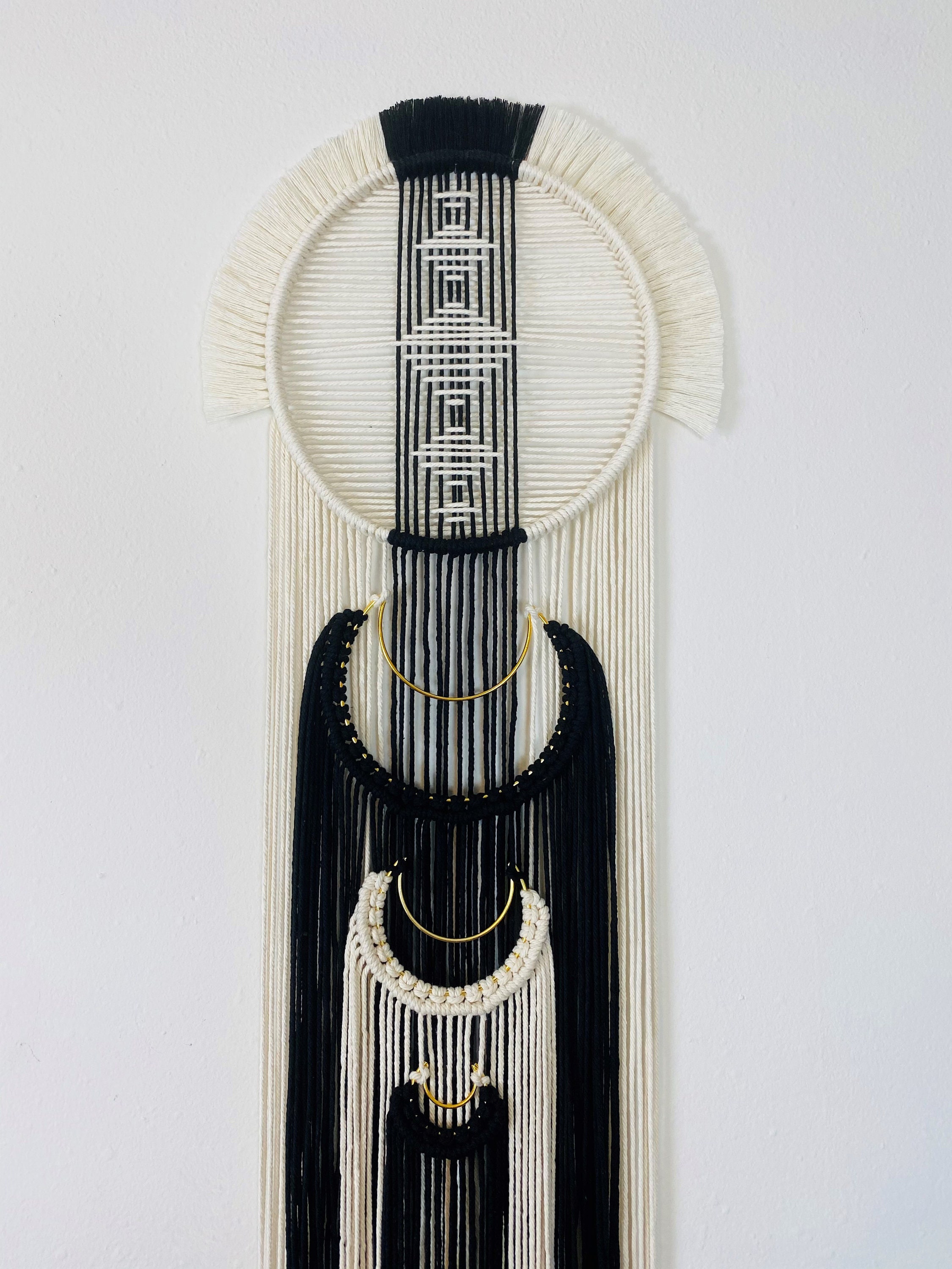 Black and White Macrame Wall Hanging with Gold Moon Accents Etsy