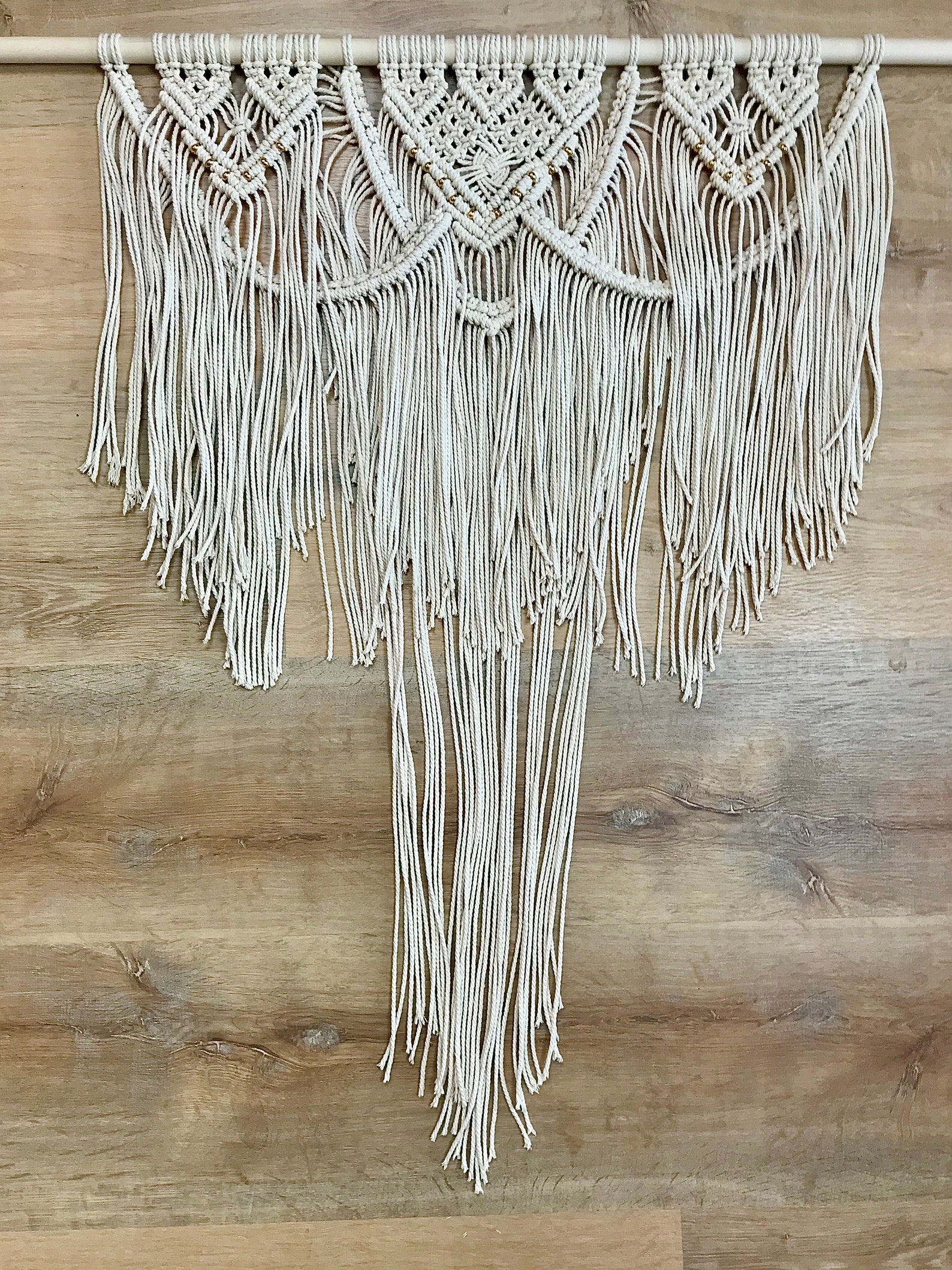 Large Macrame Wall Hanging on Wood Dowel with Gold Beads Etsy