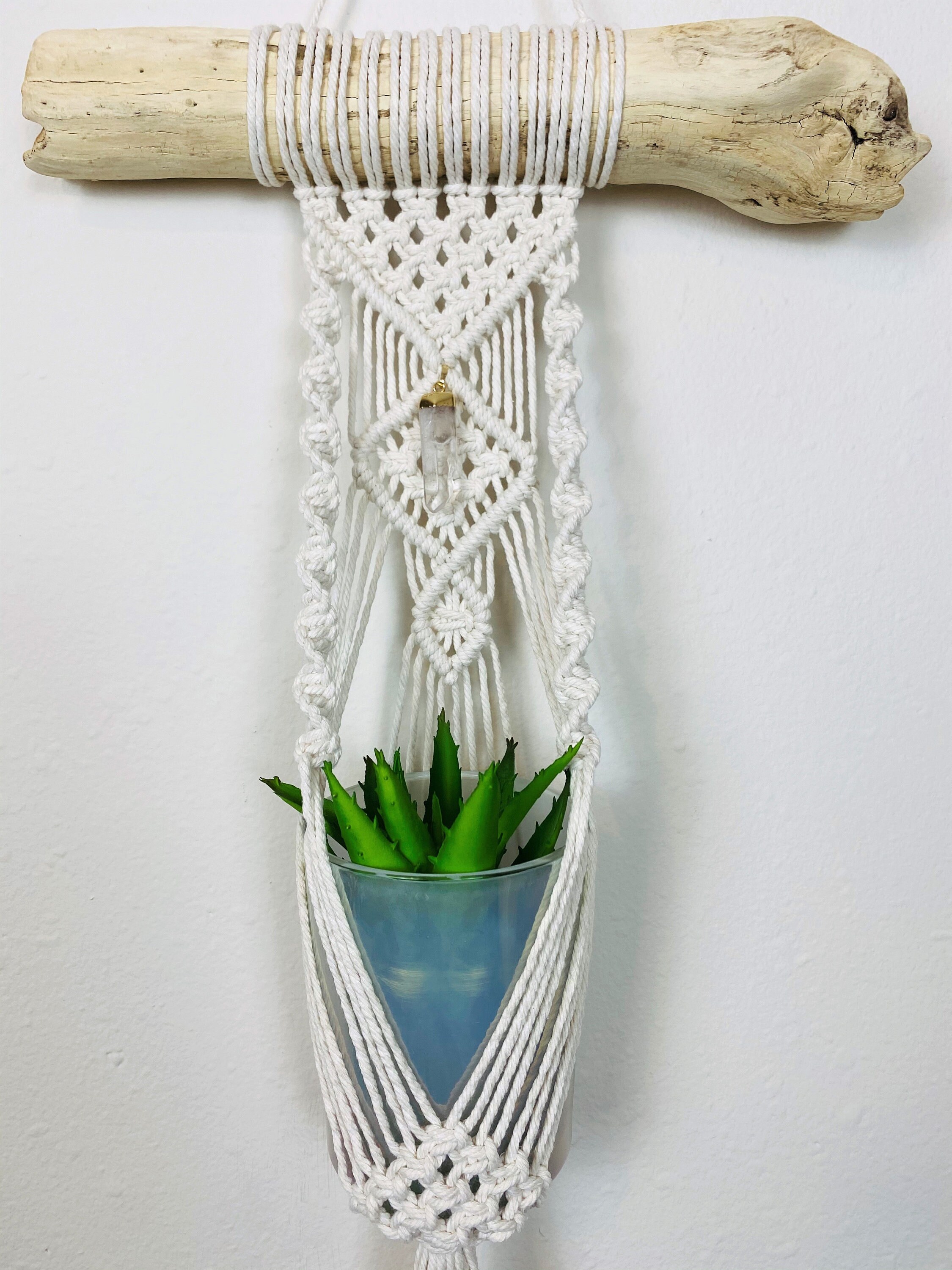 Hanging Macramé Wall Planter with Quartz Crystal Pendant Etsy