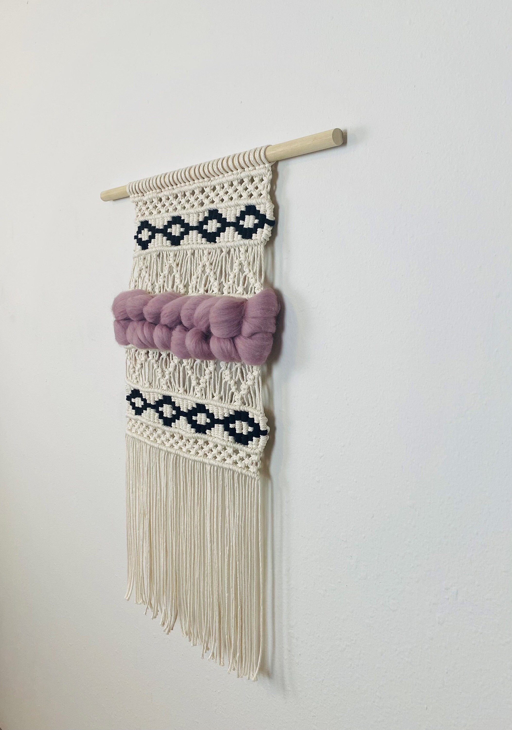 Black and White Macramé Wall Hanging With Super Chunky Purple Roving