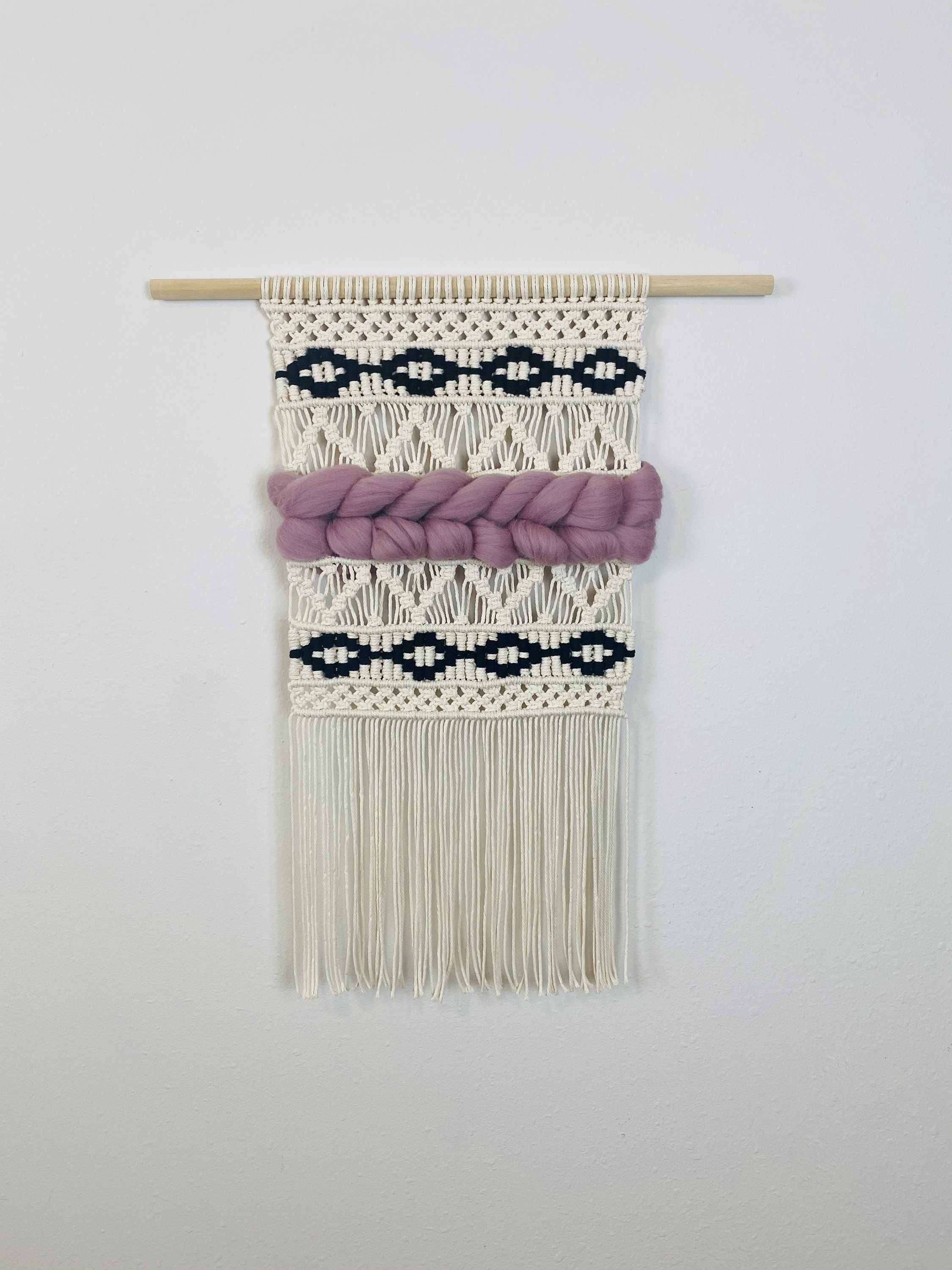 Black and White Macramé Wall Hanging With Super Chunky Purple Roving