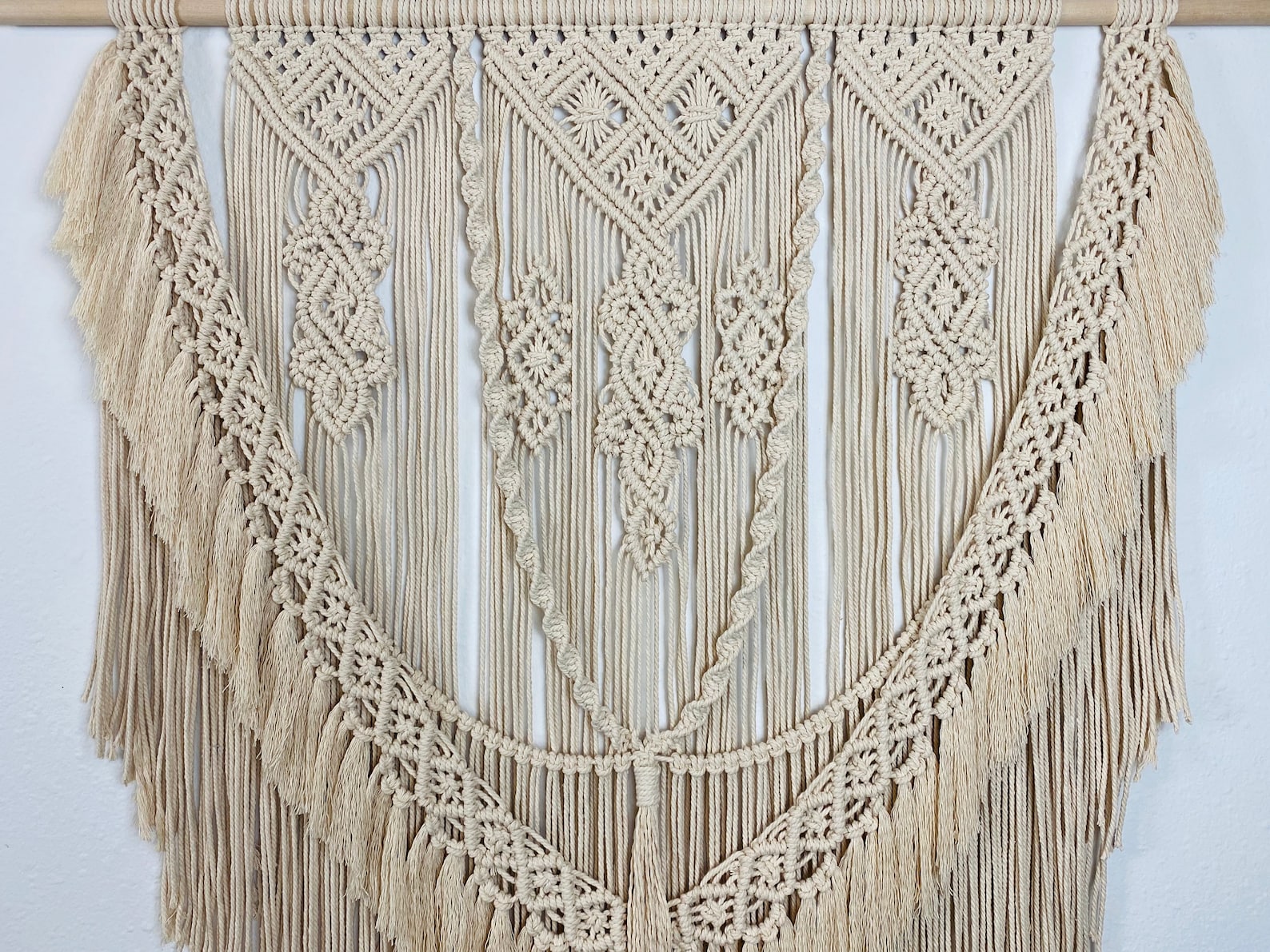 Large Macrame Wall Hanging on Wood Dowel Intricate Layered Etsy