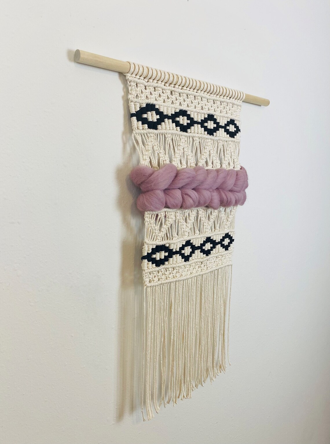 Black and White Macramé Wall Hanging With Super Chunky Purple Roving