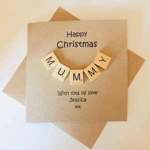 Happy Christmas MUMMY/MUM card, Personalised Wooden Scrabble Tile Xmas card to Mummy/Mammy from child Merry Christmas card from Son/Daughter