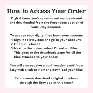 Pode incluir: Instru&ccedil;&otilde;es sobre como acessar os itens digitais comprados no Etsy.com. O texto explica como fazer login na sua conta Etsy, ir para Compras e baixar arquivos. Tamb&eacute;m menciona que voc&ecirc; n&atilde;o pode baixar compras digitais por meio do aplicativo Etsy.