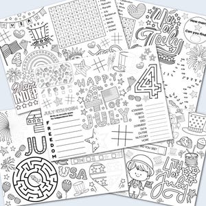 Pode incluir: Uma coleção de folhas de atividades em preto e branco com temas do 4 de julho. As folhas incluem labirintos, caça-palavras, páginas para colorir e um prompt de poema. Estrelas, bandeiras e fogos de artifício patrióticos são apresentados.