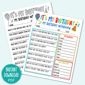 Birthday Book, Printable Birthday Interview questionnaire Journal for Kids