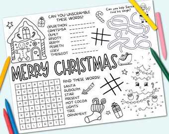 Op de afbeelding: Een zwart-witte printbare kerstactiviteitenblad met een peperkoekhuis, een woordzoeker, een stippen-naar-stippen-puzzel en een woordscramble. Het blad bevat de woorden "Merry Christmas" en "Vind deze woorden!"
