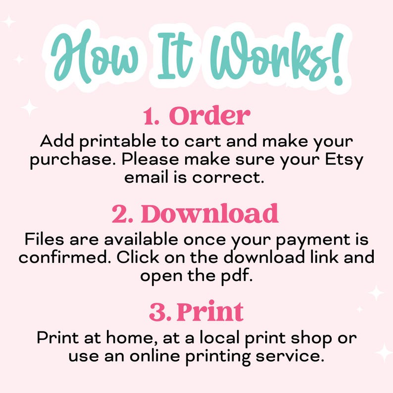 May include: Pink and teal text on a pink background explains how to order, download, and print printable files. The text reads "How It Works! 1. Order Add printable to cart and make your purchase. Please make sure your Etsy email is correct. 2. Download Files are available once your payment is confirmed. Click on the download link and open the pdf. 3. Print Print at home, at a local print shop or use an online printing service."