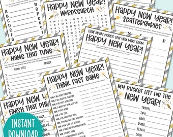 May include: A set of printable New Year's Eve party games with gold and silver glitter accents. The games include "Name That Tune", "Finish That Phrase", "Word Search", "Think Fast Game", "How Many Words Can You Make From Happy New Year", "Sudoku", "Scattergories", and "My Bucket List For The New Year".