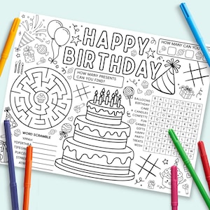 Peut inclure: Une feuille d'activités d'anniversaire en noir et blanc avec un grand gâteau à trois étages, un labyrinthe circulaire, une recherche de mots et un méli-mélo. Le texte indique HAPPY BIRTHDAY, HOW MANY PRESENTS CAN YOU FIND et HOW MANY CAN YOU. Six marqueurs colorés l'entourent.