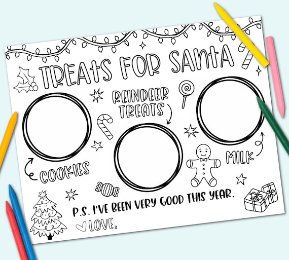 Treats for Santa Printable Placemat, Cookies for Santa Coloring Placemat, Printable Christmas Placemat for Kids, Holiday Activity Mat
