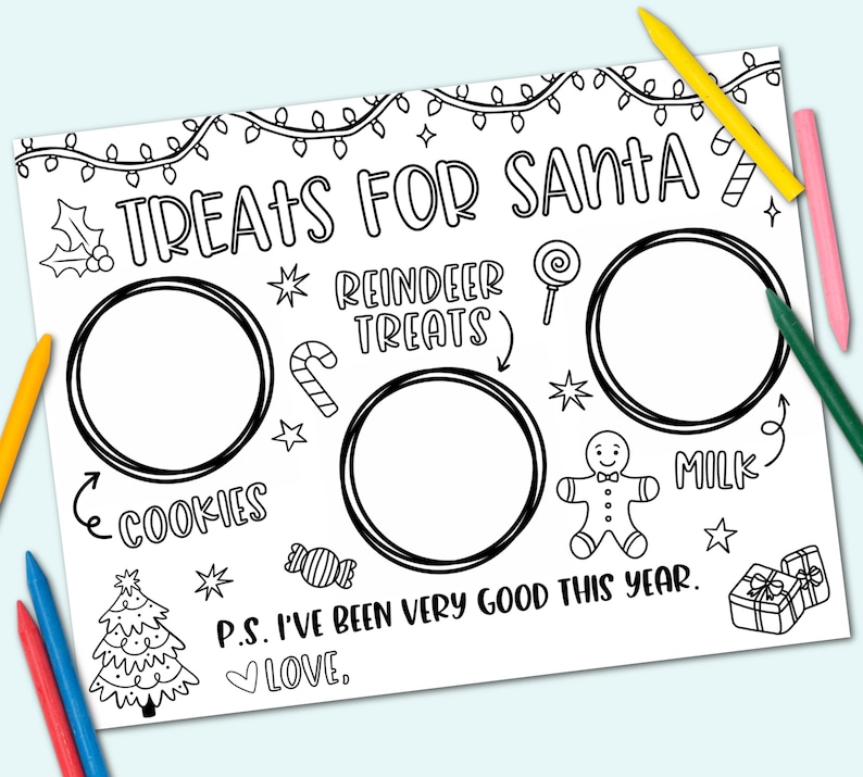 Op de afbeelding: Een zwart-witte printbare kleurplaat met de tekst "Treats for Santa". De pagina bevat cirkels om in te kleuren voor koekjes, rendiertraktaties en melk. Er is ook een peperkoekman en een kerstboom.