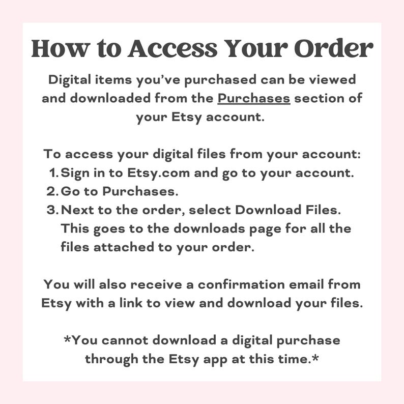 Op de afbeelding: Instructies over hoe je toegang krijgt tot digitale items die je hebt gekocht op Etsy.com. De tekst legt uit hoe je inlogt op je Etsy-account, naar je aankopen gaat en bestanden downloadt. Het vermeldt ook dat je geen digitale aankopen kunt downloaden via de Etsy-app.
