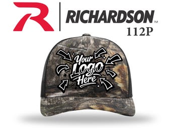 6, 12 or 24 Richardson Sports 112P Camo Hats - Custom embroidered with your design