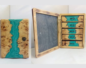 Large Handcrafted burl wood+resin Jewelry storage with drawers. One of a kind storage for collection, trinkets. Mini cabinet made in Ukraine