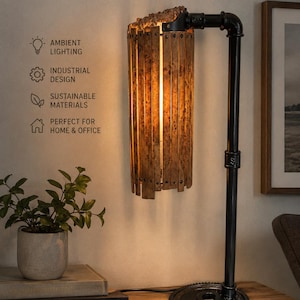 Industrial Steampunk Desk Lamp with Live Edge Burl Wood Shade, Handcrafted Pipe Table Lamp, Unique Gear Base Nightlight, Rustic Office Decor