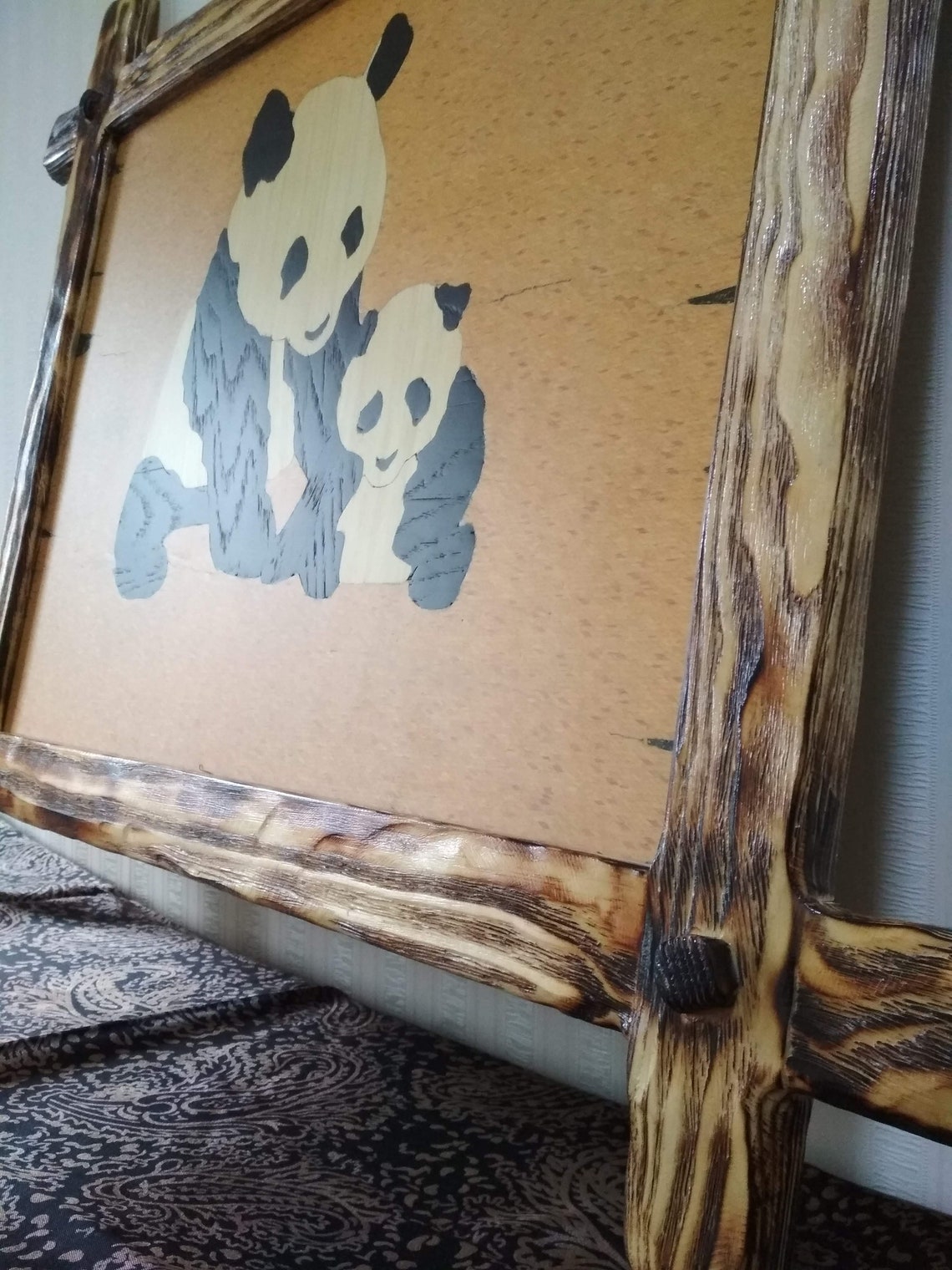 Pandas family Carved Wood Marquetry Picture. Wood mosaic. Etsy Polska