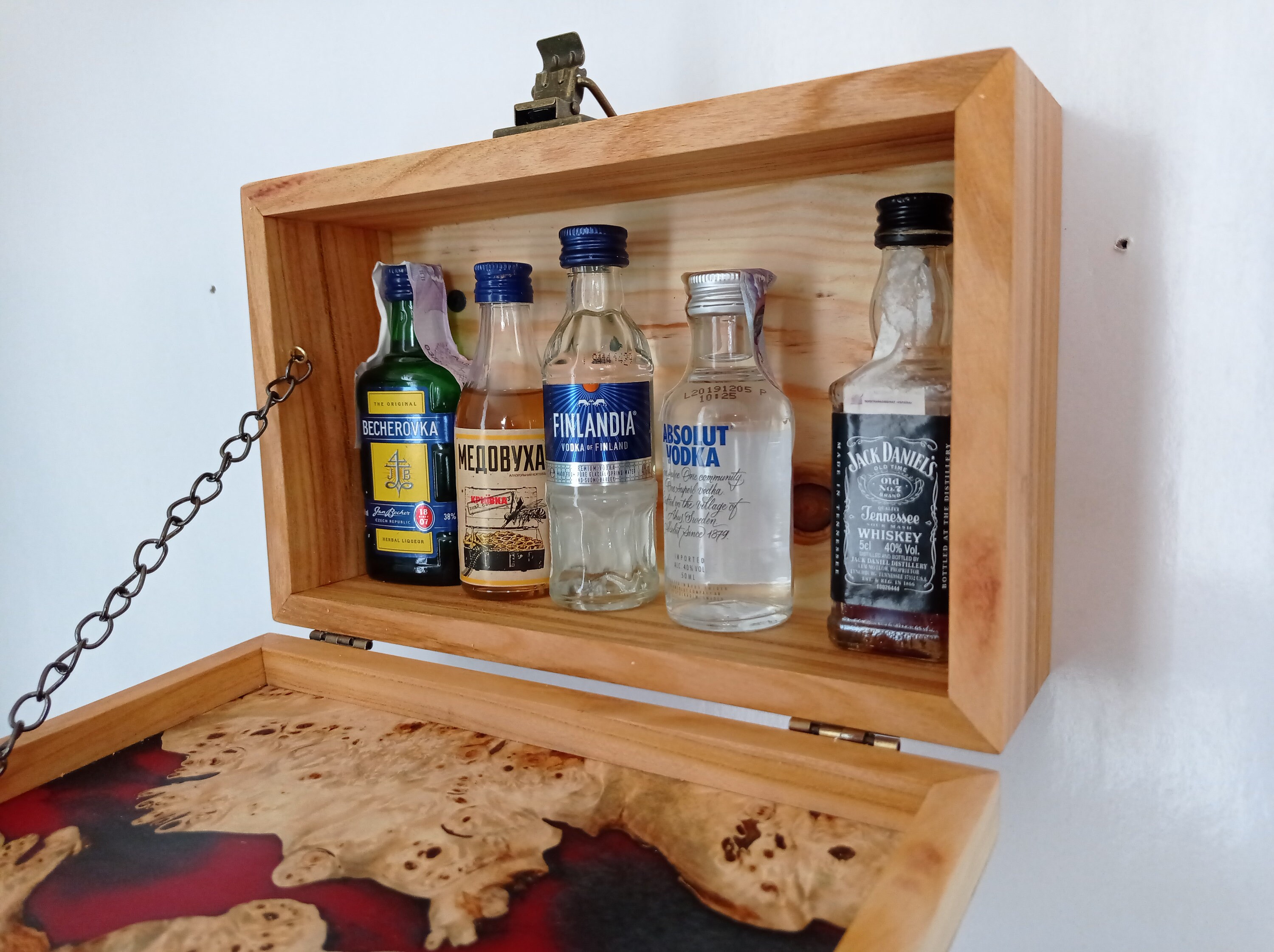 Burl Wood and Resin Mini Bar for 50ml Bottles. Small Handcrafted