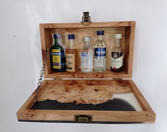 Burl wood and resin mini bar for 50ml bottles. Small handcrafted wood + resin wall hanging mini cabinet. Original gift. Collection display.