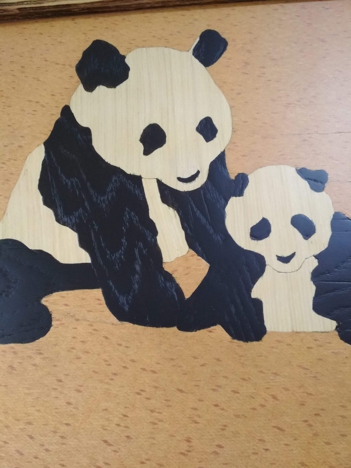 Pandas family Carved Wood Marquetry Picture. Wood mosaic. Etsy Polska