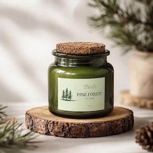 May include: A dark green glass candle jar with a cork lid. The label features a pine tree illustration and the text Home Lab PINE FOREST soy candle 100 ml. The jar is cylindrical with a wide mouth and a smooth finish, showcasing a simple design.