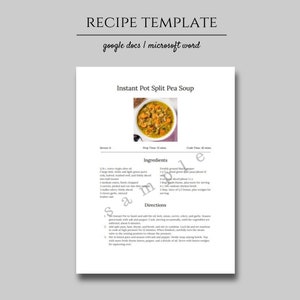 Puede incluir: Una plantilla de receta imprimible para sopa de guisantes partidos Instant Pot. La receta incluye una lista de ingredientes e instrucciones para preparar la sopa. La receta está diseñada para Google Docs y Microsoft Word.