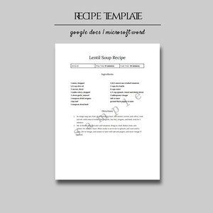 May include: A printable recipe template for lentil soup. The recipe includes a list of ingredients and directions for making the soup. The template is designed for use with Google Docs or Microsoft Word.
