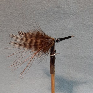 May include: A brown and white fly fishing lure with a black head and a silver hook. The lure is tied with feathers and has a copper colored flash.