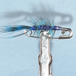 May include: A blue and purple fly fishing lure with a silver safety pin.