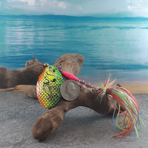 May include: A colorful fishing lure with a green, yellow, and black fish design, a pink and silver bead, and a multi-colored feather tail. The lure is on a piece of driftwood with a US quarter for scale.