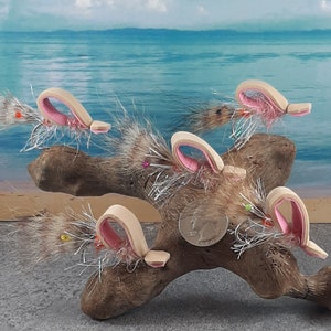 May include: Five pink and white fly fishing lures with feathers and a silver hook. The lures are arranged on a piece of driftwood with a quarter for scale.