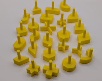 25 Replacement Shape Pieces Compatible with Vintage Perfection Board Game, Complete Yellow Puzzle Tokens, Peg Grips, Spares