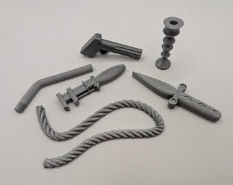 6 Piece Replacement Weapons Set Compatible with Cluedo and Clue Board Games, Murder Mystery Tokens, Candlestick Dagger Revolver Rope