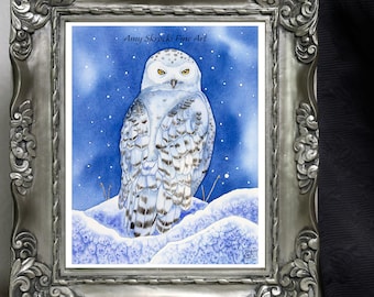 シロフクロウの絵画 冬の鳥 水彩画 アートプリント 野生動物 ウォール